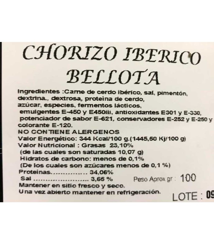 Ingredientes Chorizo ibérico alimentado com bolota
