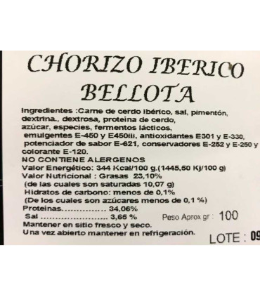 Ingrédients Chorizo ibérique nourri au gland