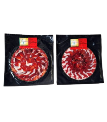 Bustine di Prosciutto bellota 50% di razza ibérica sottovuoto. Dehesa Grande - Jamón Ibérico coltello a fette