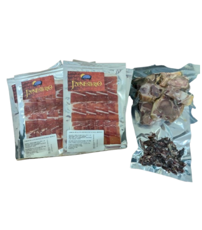In Scheiben geschnitten Jamón de Bellota 50% Ibérico. J'Monesterio